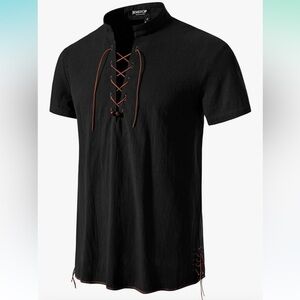 Pure Cotton Vintage Short Sleeve Lace Up Shirts for Renaissance Pirate Viking